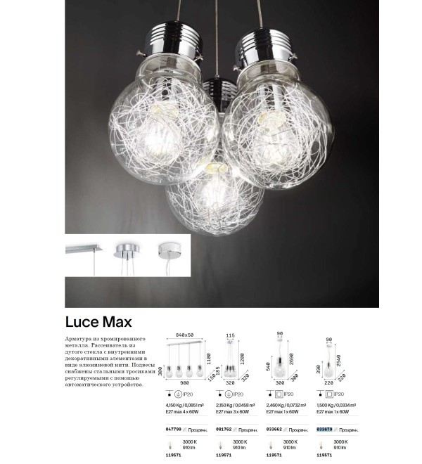 Светильник подвесной Ideal Lux Luce Max SP1 Small Хром E27 033679