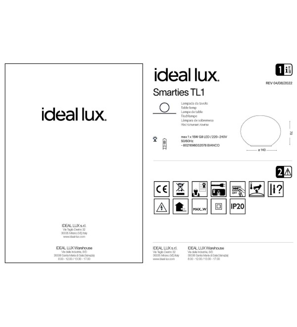 Светильник настольный Ideal Lux Smarties TL1 D14 Белый G9 032078
