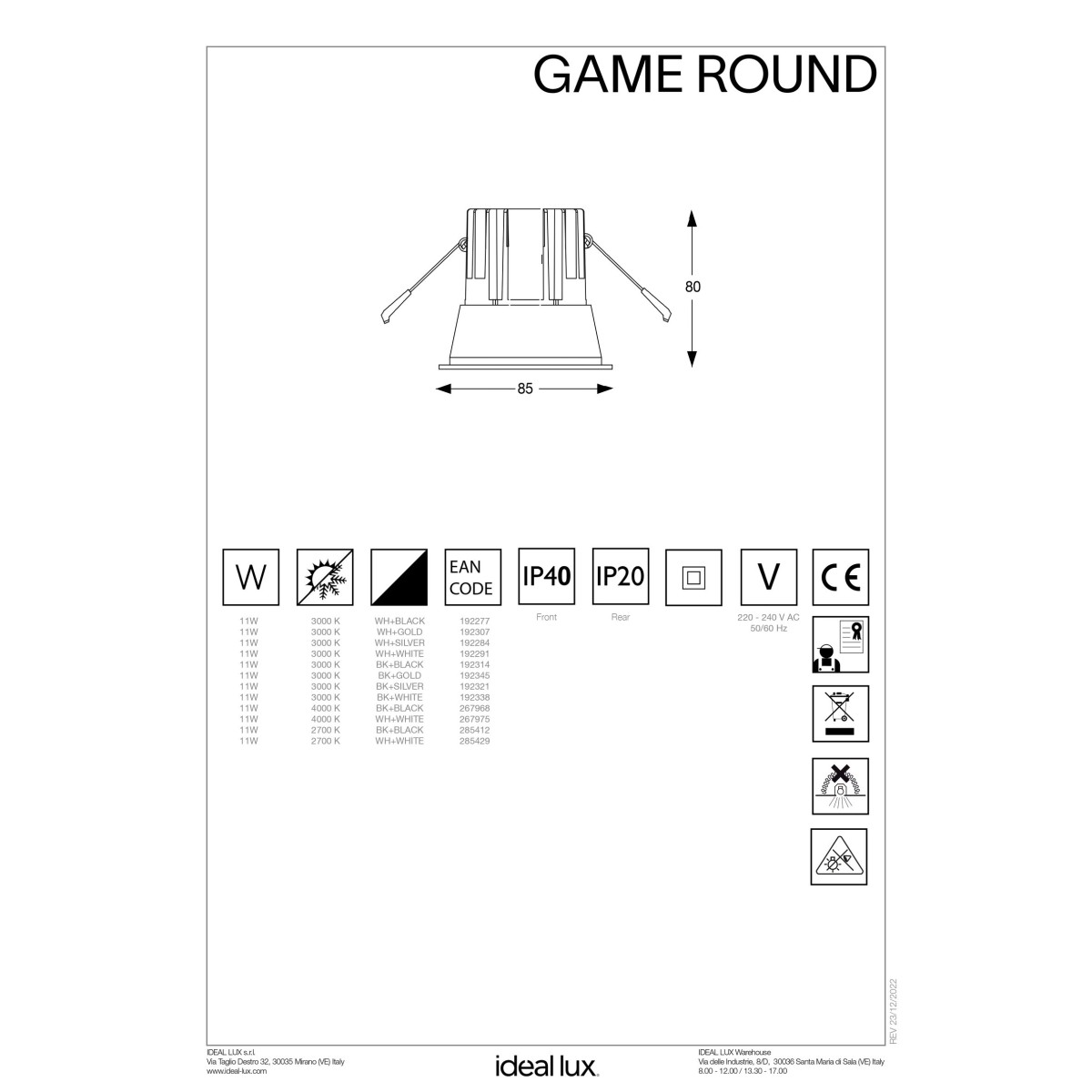 Светильник встраиваемый Ideal Lux Game Trim Round 11Вт LED Черный 3000К 192314