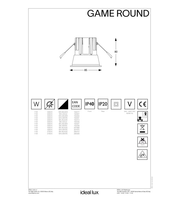 Светильник встраиваемый Ideal Lux Game Trim Round 11Вт LED Черный 3000К 192314