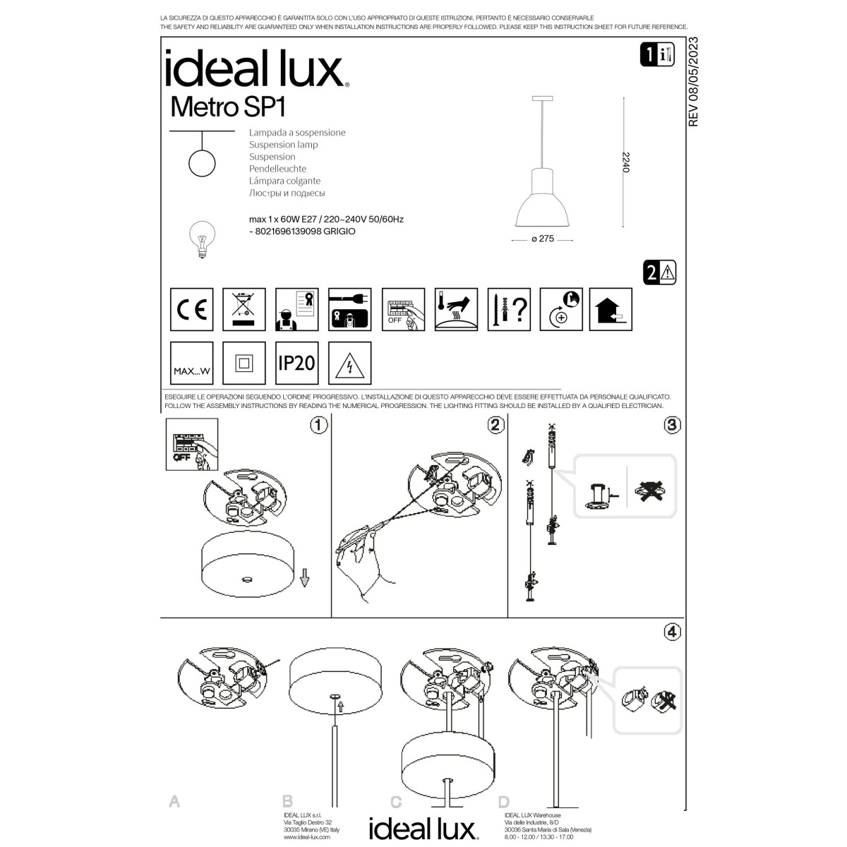 Светильник подвесной Ideal Lux Metro SP1 макс.1х60Вт IP20 E27 230В Серый/Белый Металл Без лампы 139098