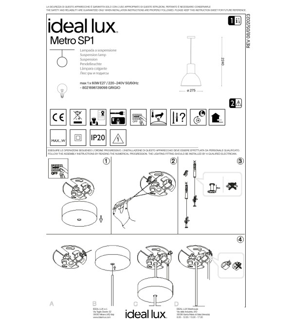 Светильник подвесной Ideal Lux Metro SP1 макс.1х60Вт IP20 E27 230В Серый/Белый Металл Без лампы 139098