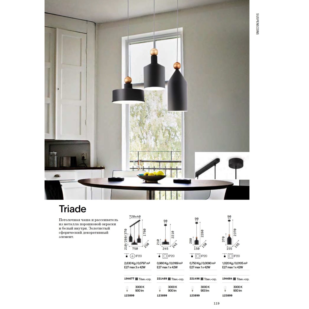 Светильник подвесной Ideal Lux Triade-1 SP1 Темно / Серый E27 194684