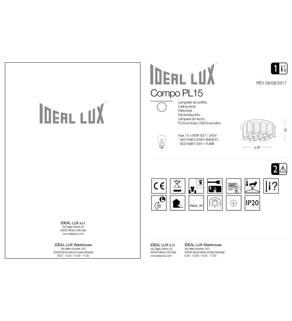 Люстра потолочная Ideal Lux Compo PL15 Белый E27 125565