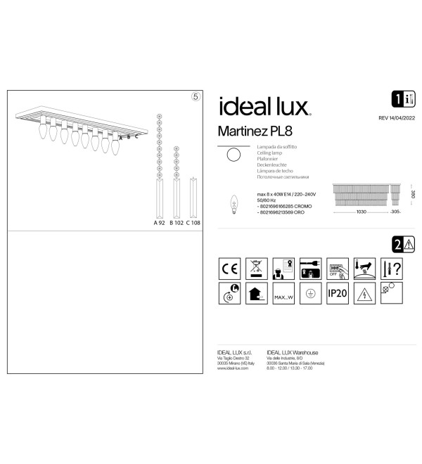 Люстра потолочная Ideal Lux Martinez PL8 Хром E14 166285
