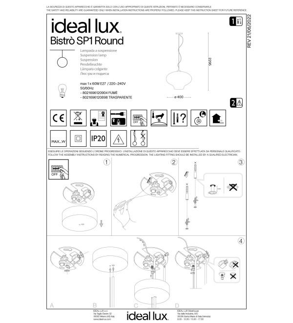 Светильник подвесной Ideal Lux Bistro SP1 Round E27 Дымчатый 120904