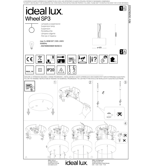 Люстра подвесная Ideal Lux Wheel SP3 E27 Белый 009681
