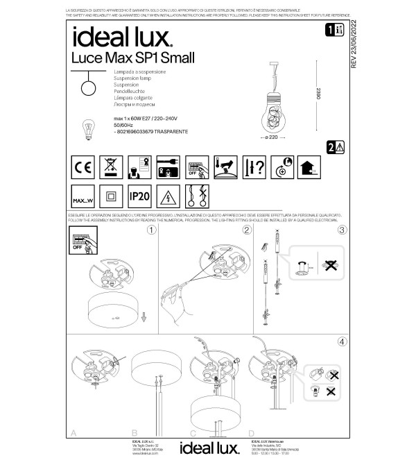 Светильник подвесной Ideal Lux Luce Max SP1 Small Хром E27 033679
