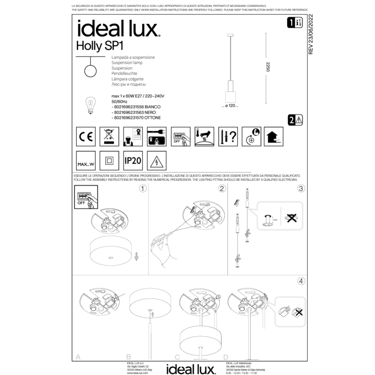 Светильник подвесной Ideal Lux Holly SP1 Белый E27 231556