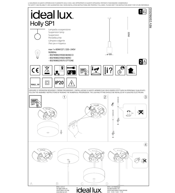 Светильник подвесной Ideal Lux Holly SP1 Белый E27 231556