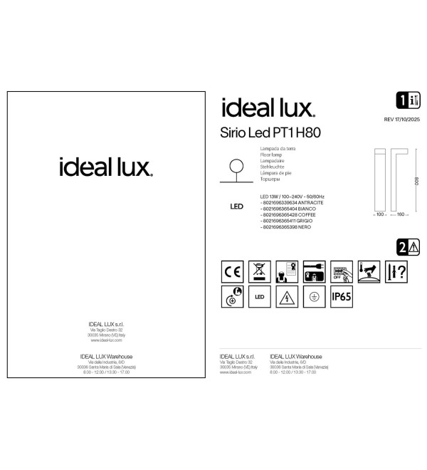Светильник садово-парковый Ideal Lux Sirio LED PT1 H80 Белый 3000К LED 365404