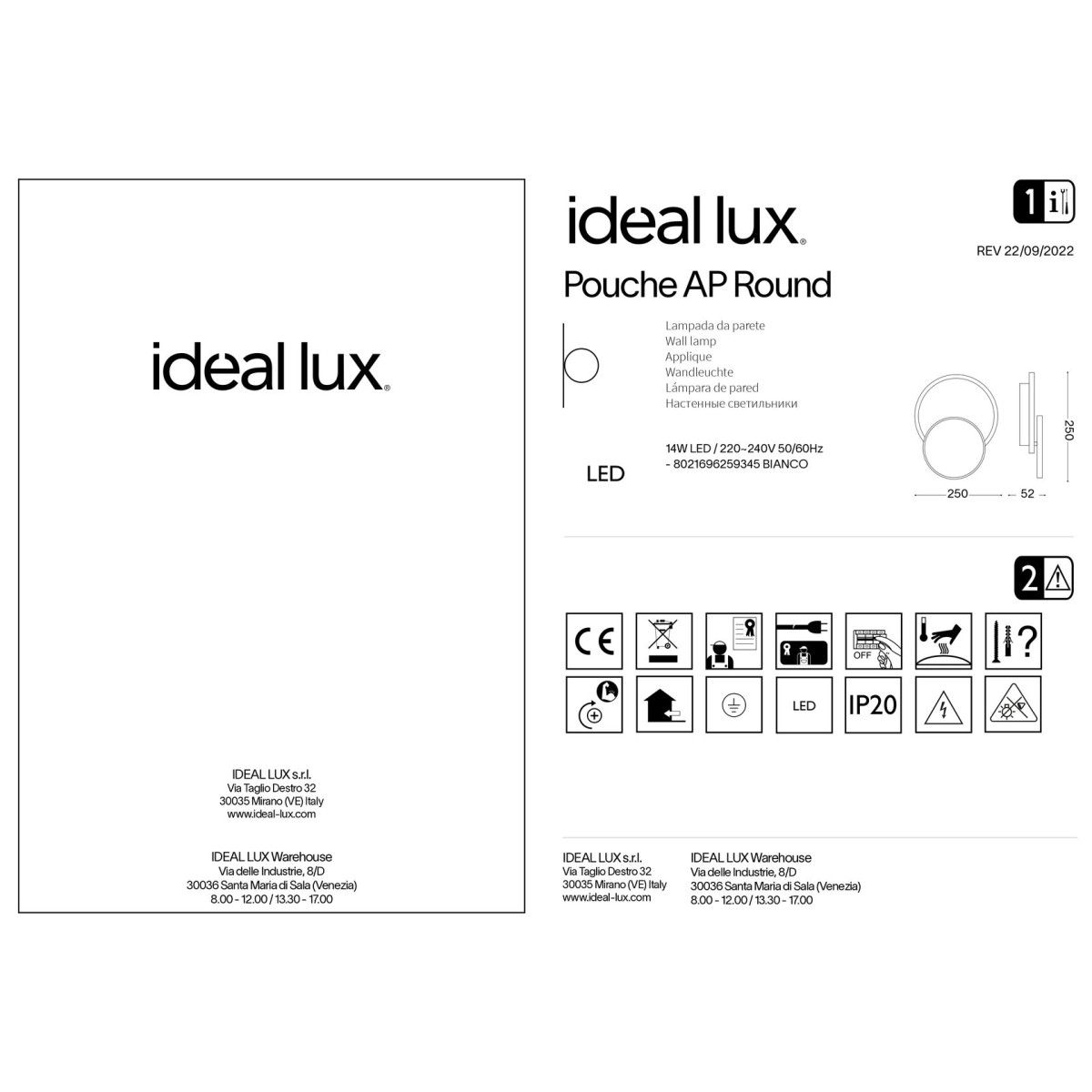 Светильник настенный Ideal Lux Pouche AP Round LED Белый 3000К 259345