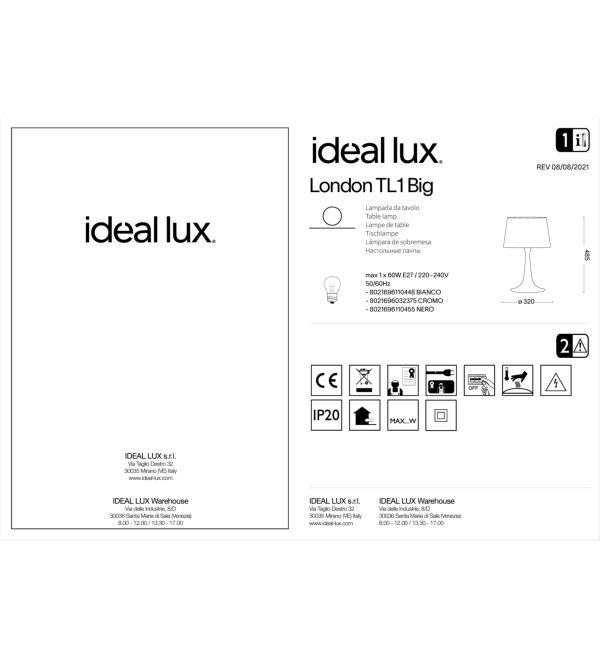 Лампа настольная Ideal Lux London TL1 Big Черный E27 110455