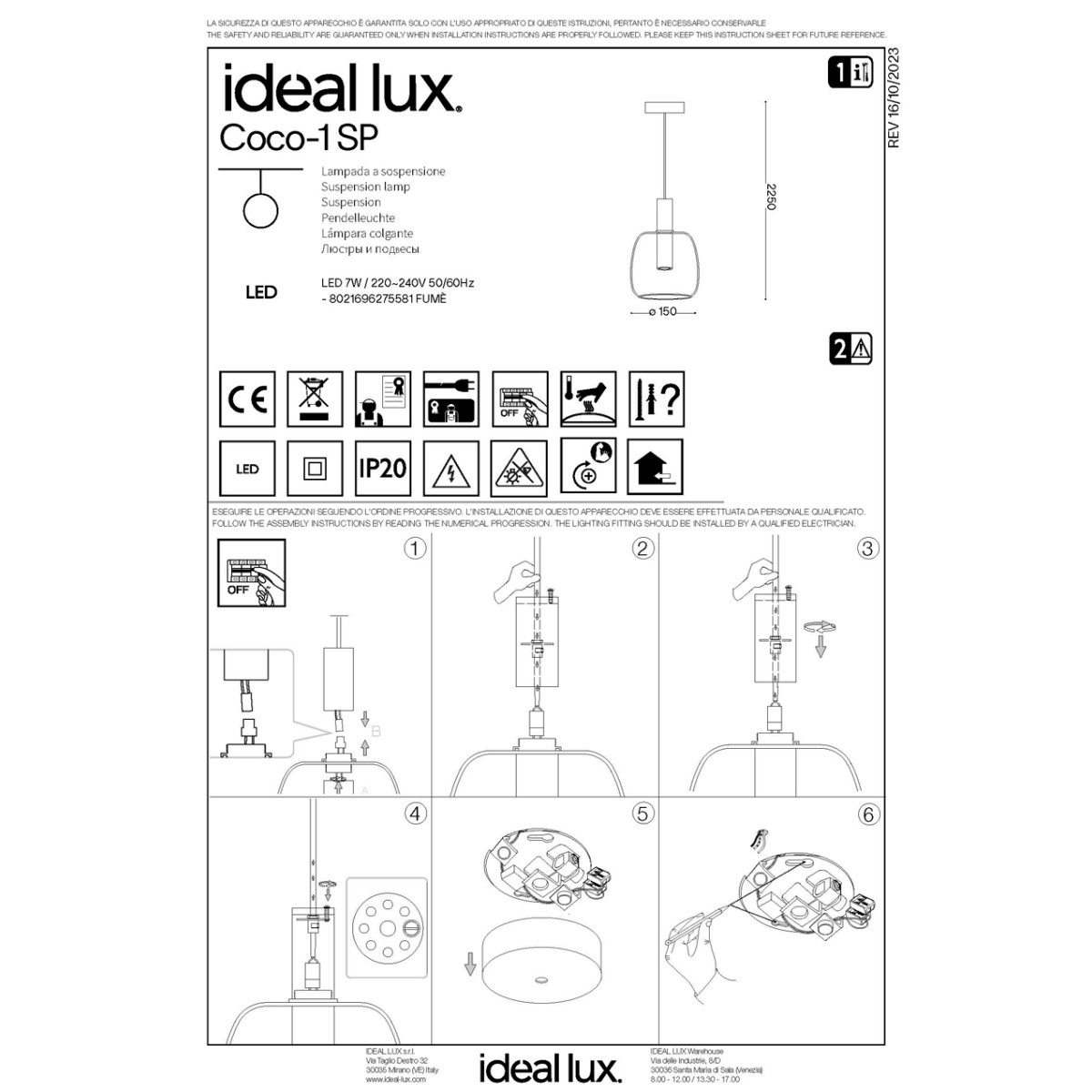 Светильник подвесной Ideal Lux Coco-1 SP Серый 3000К LED 275581
