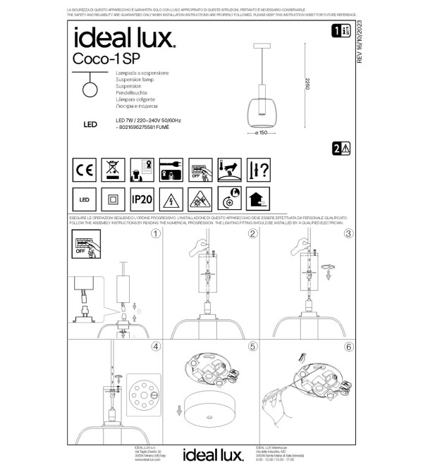 Светильник подвесной Ideal Lux Coco-1 SP Серый 3000К LED 275581