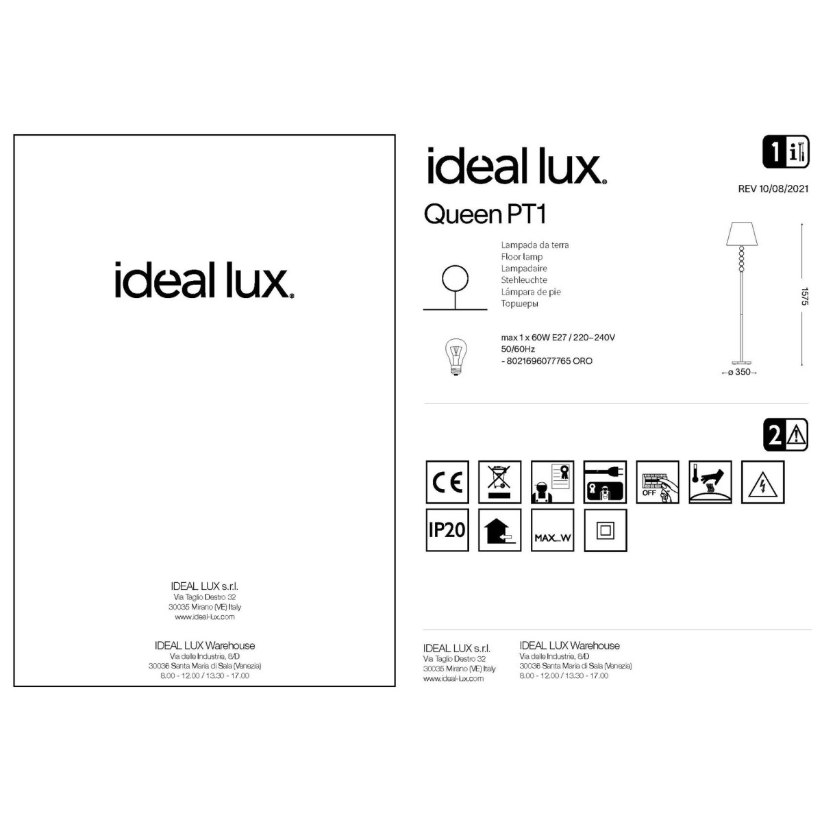 Торшер напольный Ideal Lux Queen PT1 Золото E27 077765