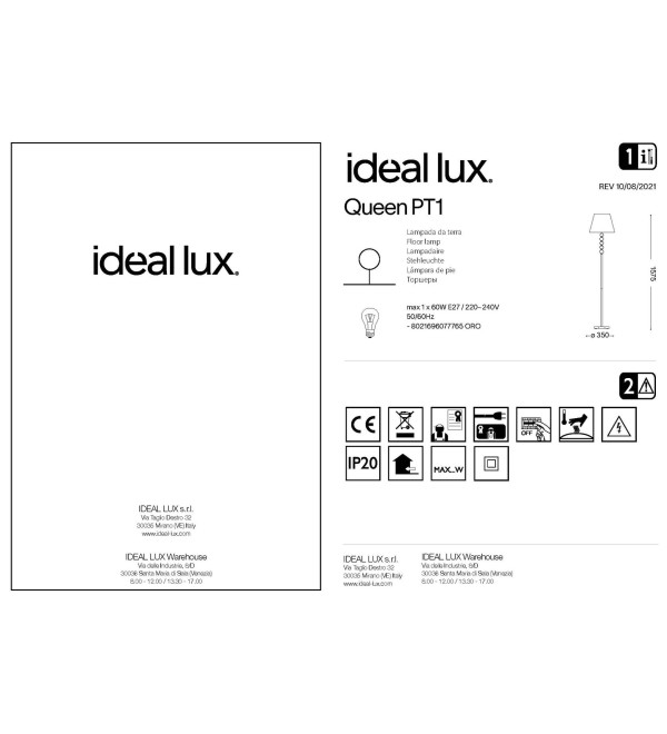 Торшер напольный Ideal Lux Queen PT1 Золото E27 077765