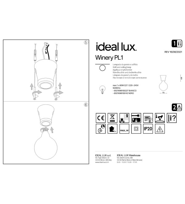 Светильник потолочный Ideal Lux Winery PL1 Черный глянцевый Керамика E27 155142