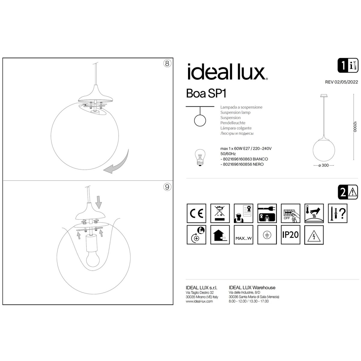Светильник подвесной Ideal Lux Boa SP1D30 E27 Белый 160863