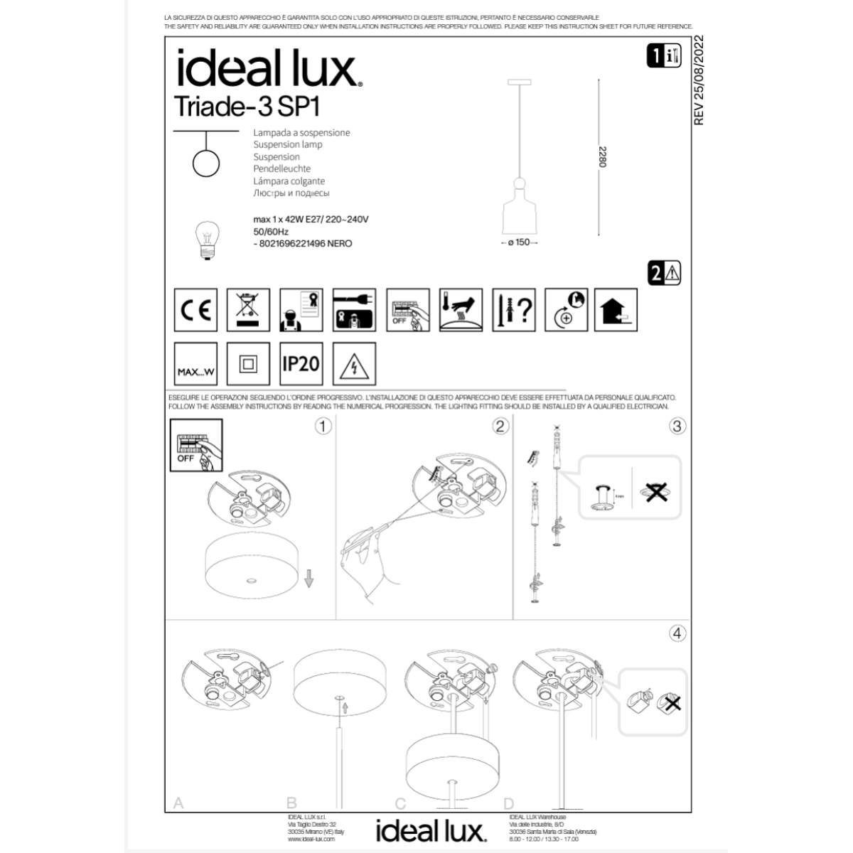 Светильник подвесной Ideal Lux Triade-3 SP1 Темно / Серый E27 221496