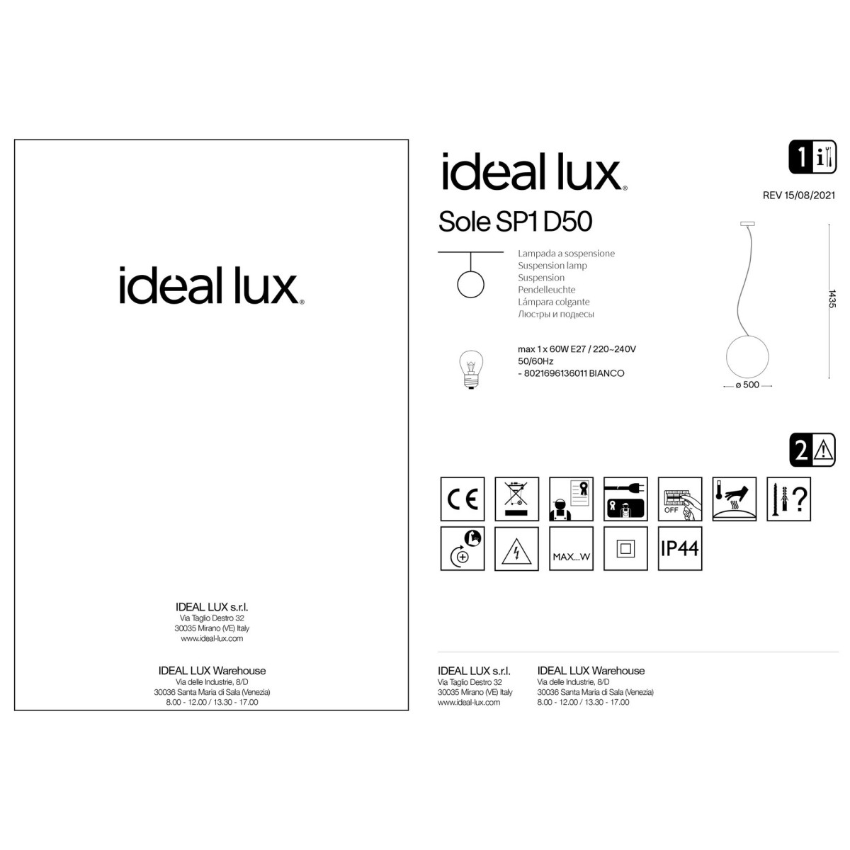 Светильник уличный Ideal Lux Sole SP1 D50 Опал E27 136011
