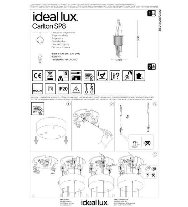Люстра подвесная Ideal Lux Carlton SP8 Хром E14 117737