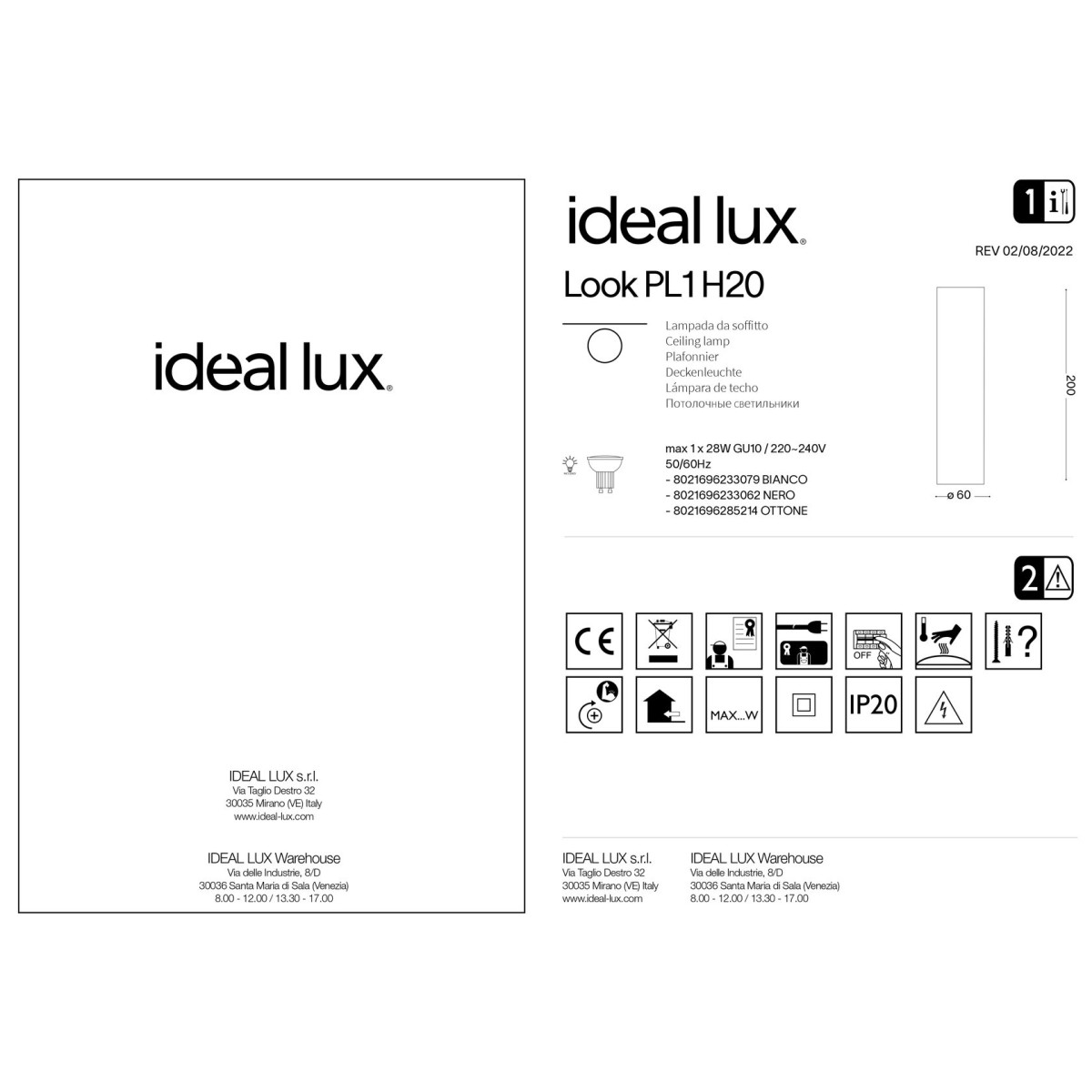Светильник потолочный Ideal Lux Look PL1 Round D60 H200 Белый GU10 233079