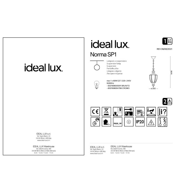 Светильник подвесной Ideal Lux Norma SP1 Латунь античная E27 005911