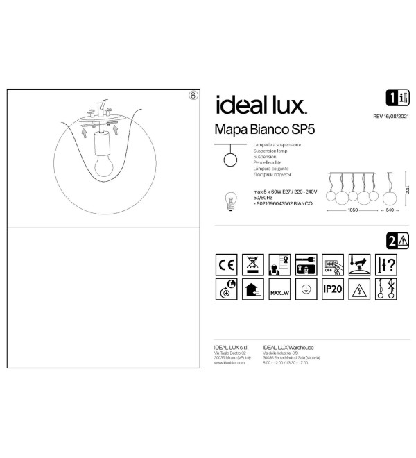 Люстра подвесная Ideal Lux Mapa SP5 E27 Белый 043562