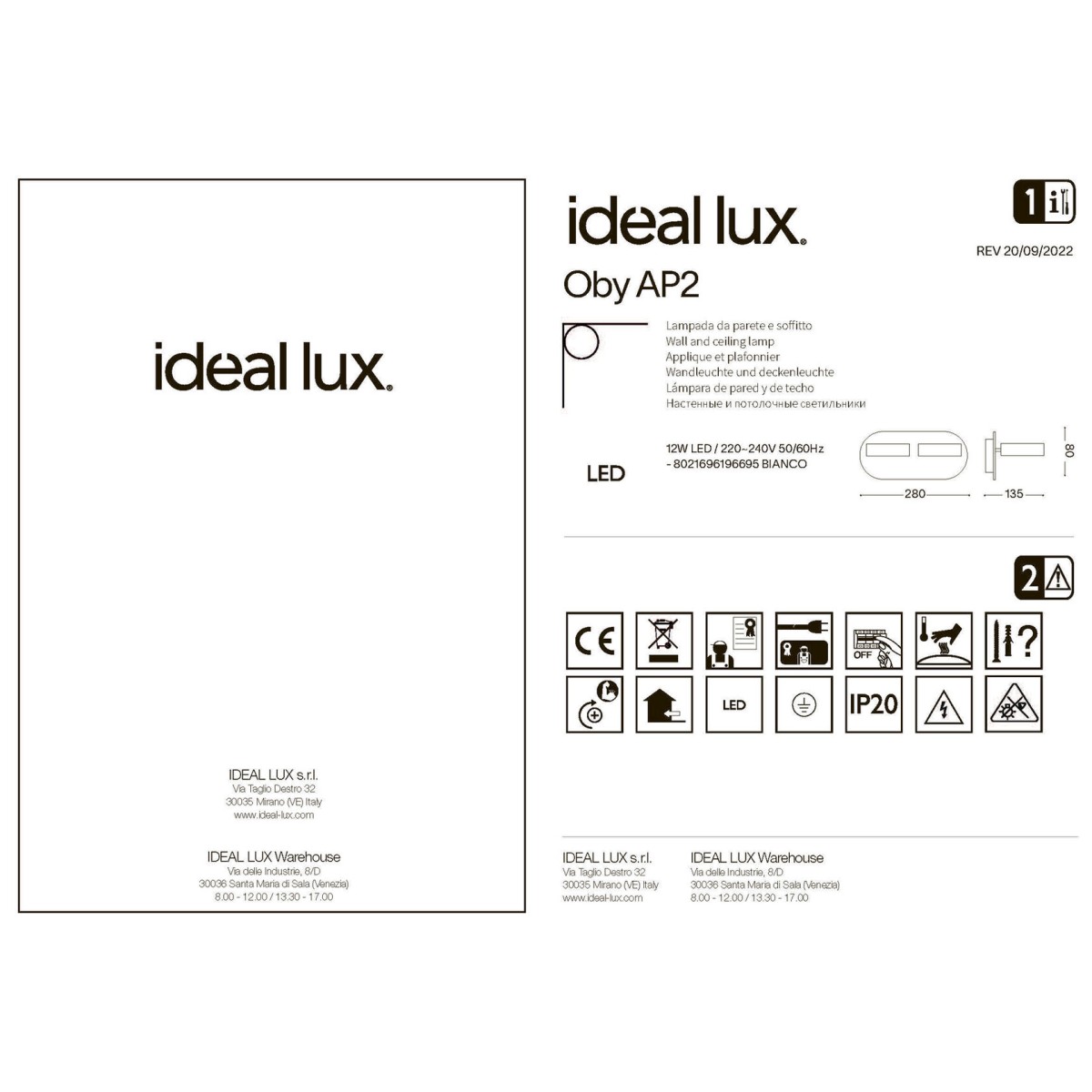 Светильник настенный Ideal Lux Oby AP2 Белый 3000К LED 196695