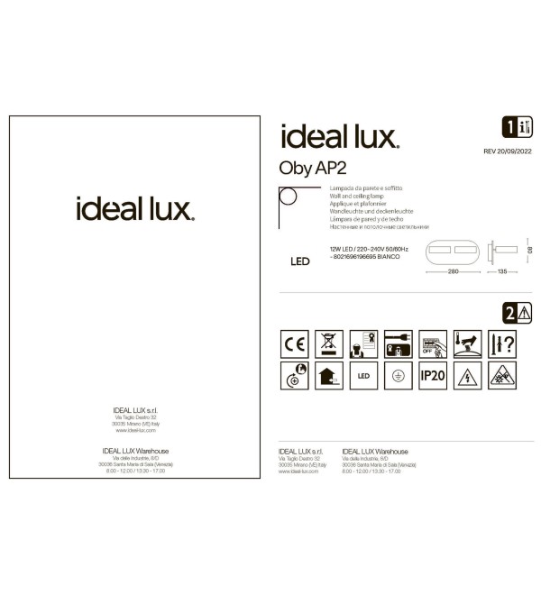 Светильник настенный Ideal Lux Oby AP2 Белый 3000К LED 196695