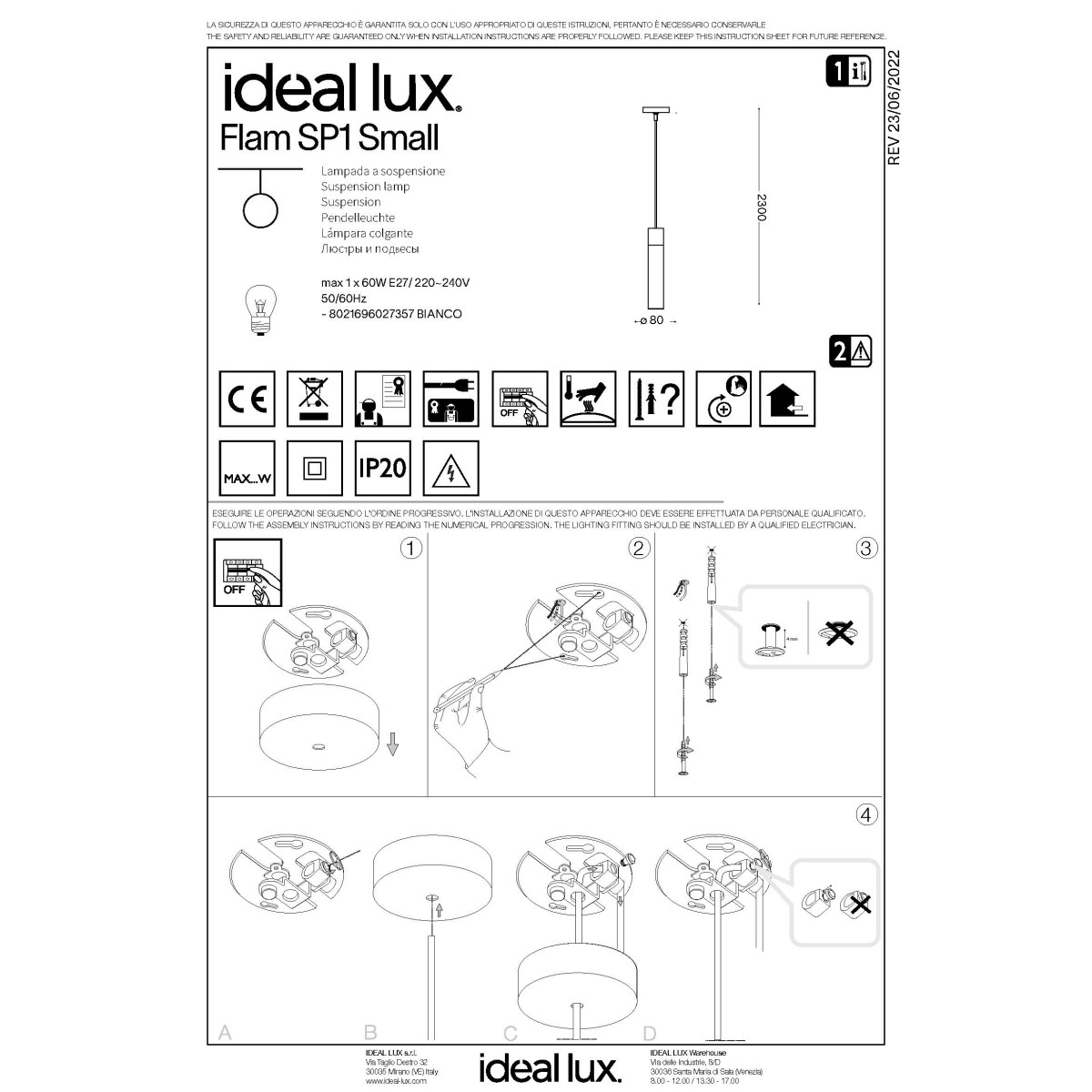 Светильник подвесной Ideal Lux Flam SP1 small D80 Хром E27 027357