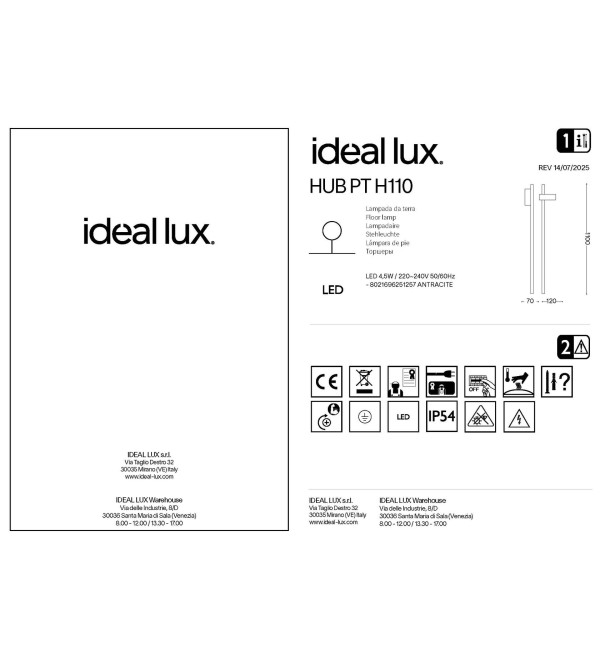 Светильник садово-парковый Ideal Lux Hub PT H110 Антрацит 3000К LED 251257