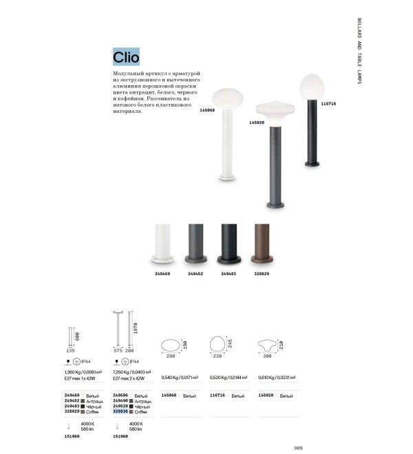 Светильник садово-парковый Ideal Lux Clio MPT2 H197 Белый E27 249506