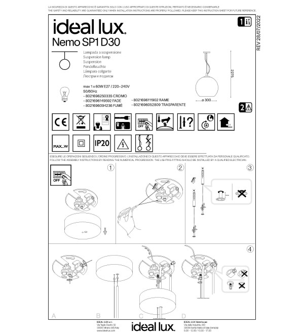 Светильник подвесной Ideal Lux Nemo SP1 D30 Прозрачный E27 052809