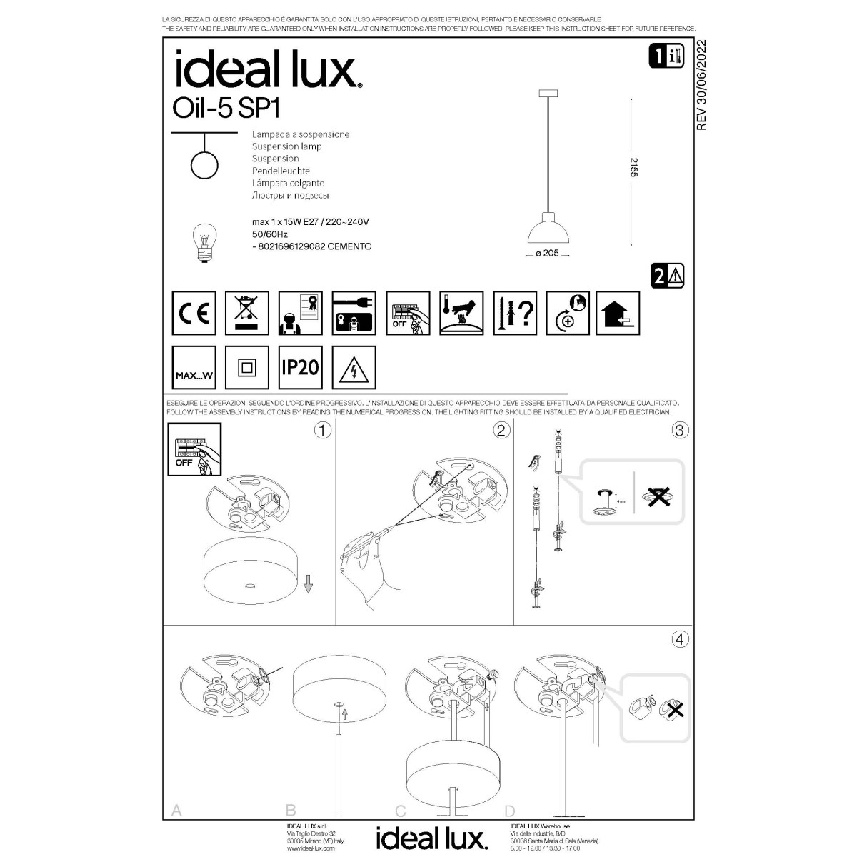 Светильник подвесной Ideal Lux Oil-5 SP1 Серый E27 129082