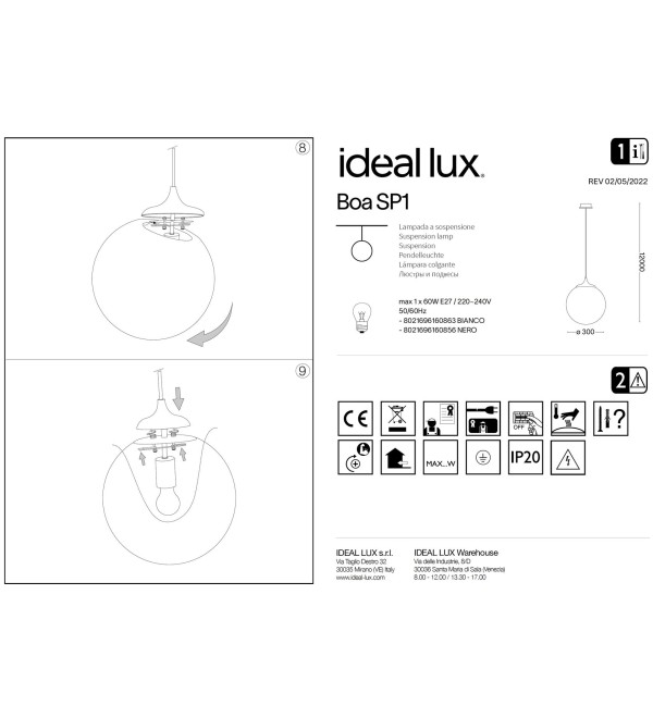 Светильник подвесной Ideal Lux Boa SP1 D30 E27 Черный 160856