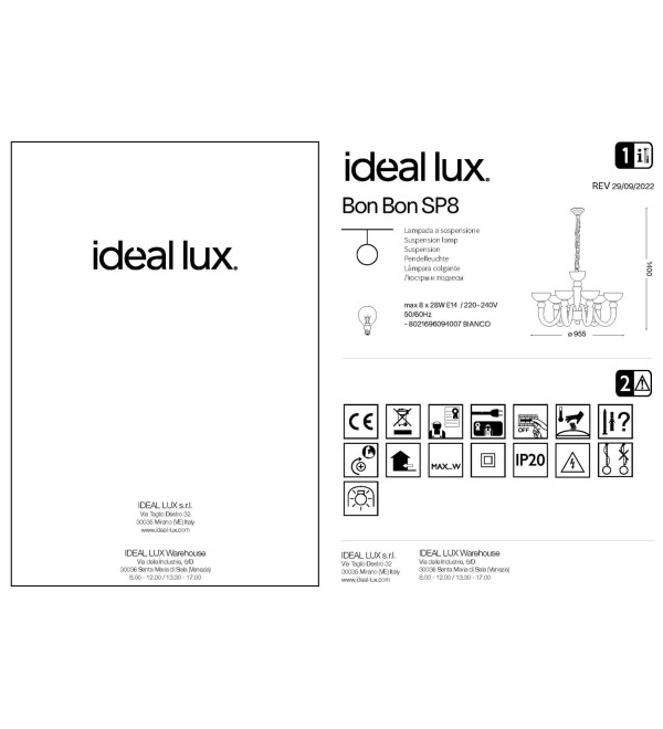 Люстра подвесная Ideal Lux Bon bon SP8 Белый E14 094007