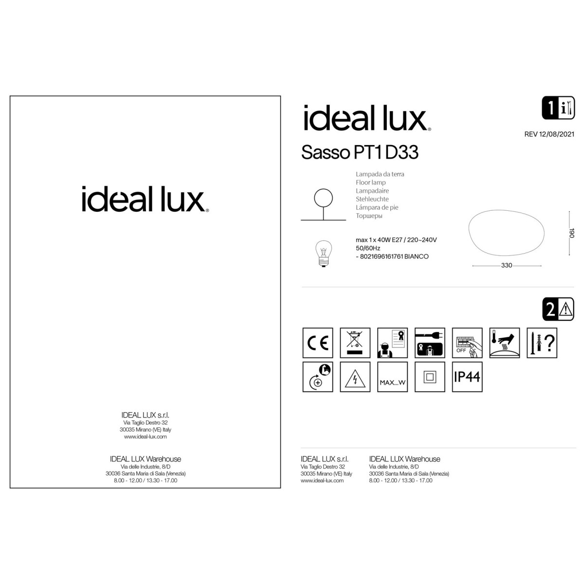 Светильник садово-парковый Ideal Lux Sasso PT1 D33 E27 Опал 161761