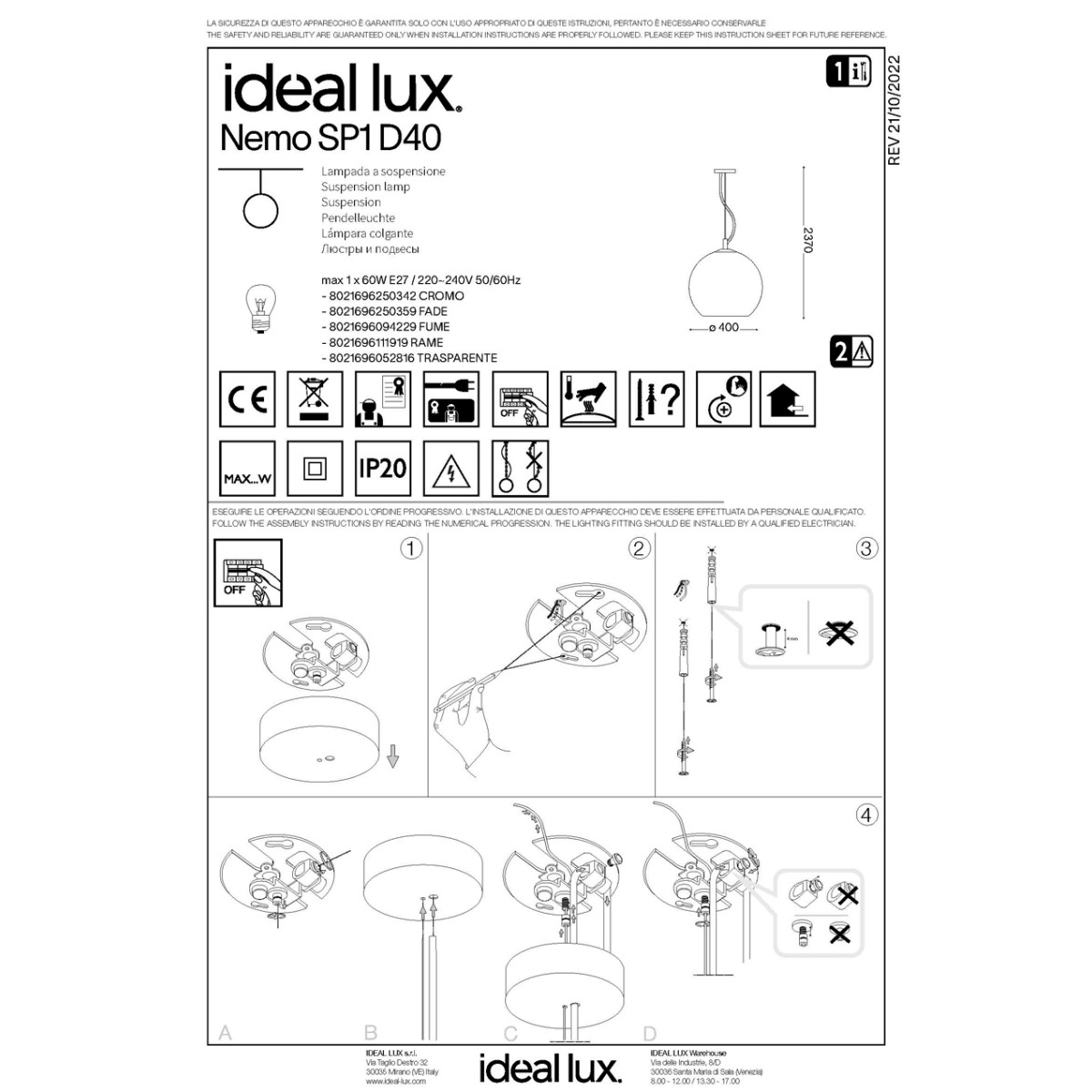 Светильник подвесной Ideal Lux Nemo SP1 D40 Медь E27 111919