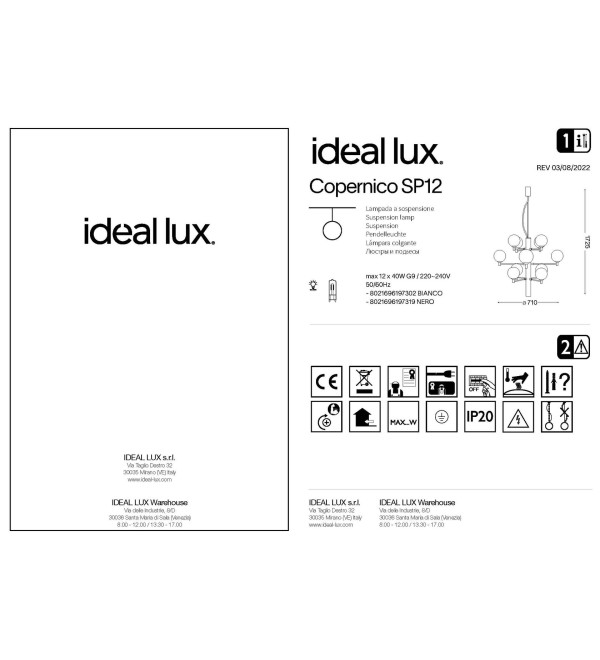Люстра подвесная Ideal Lux Copernico SP12 G9 Белый 197302