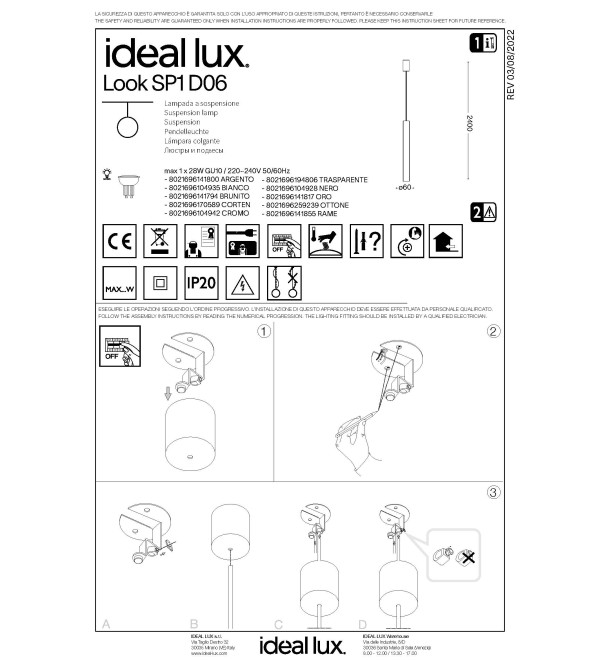 Светильник подвесной Ideal Lux Look SP1 Round D60 H400 Хром GU10 104942