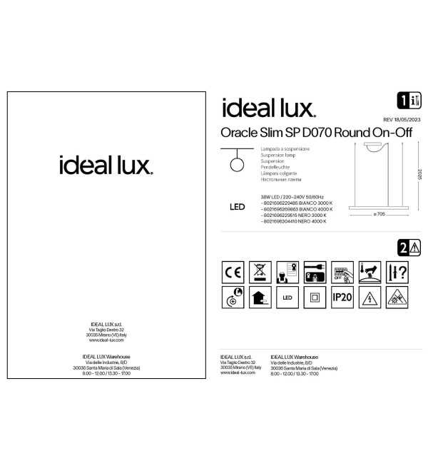 Люстра подвесная Ideal Lux Oracle Slim SP D070 Round On-Off Белый 3000К 229485