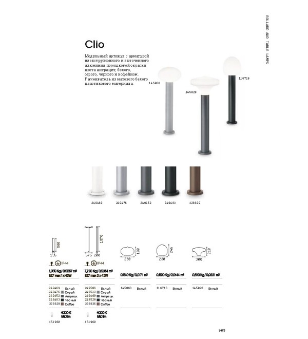 Светильник садово-парковый Ideal Lux Clio MPT1 H60 Антрацит E27 249452