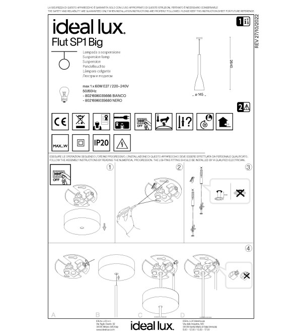 Светильник подвесной Ideal Lux Flut SP1 Big E27 Белый 035666