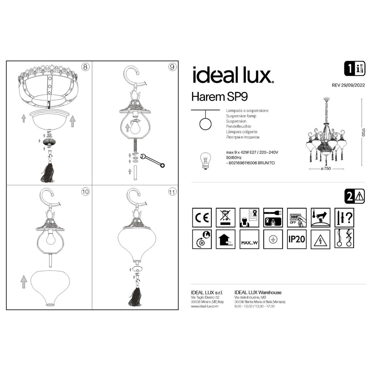 Люстра подвесная Ideal Lux Harem SP9 Античная латунь E27 116006