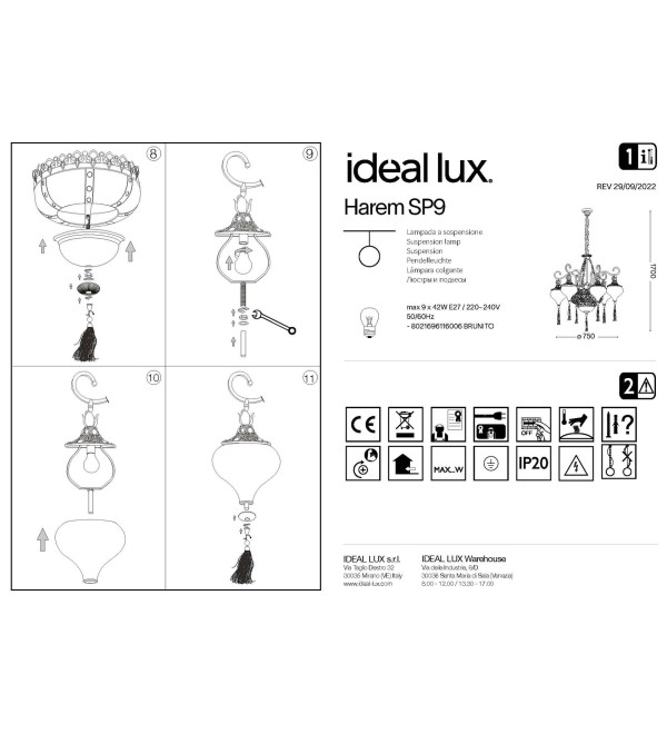 Люстра подвесная Ideal Lux Harem SP9 Античная латунь E27 116006
