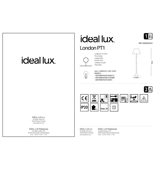 Торшер напольный Ideal Lux London PT1 Черный E27 110240