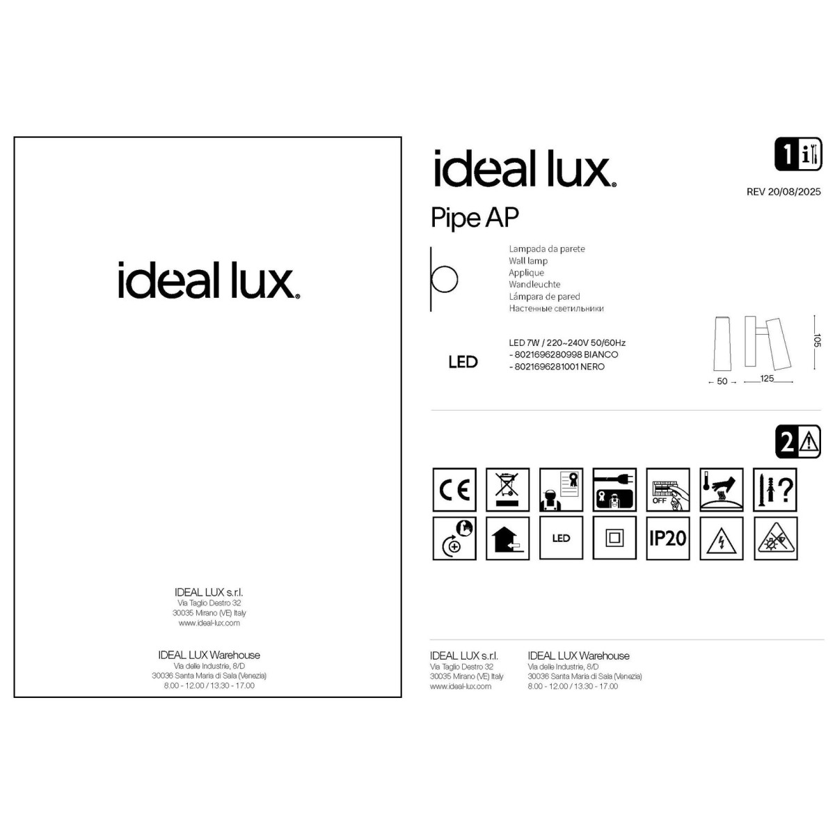 Светильник настенный Ideal Lux Pipe AP Белый 3000К LED 280998