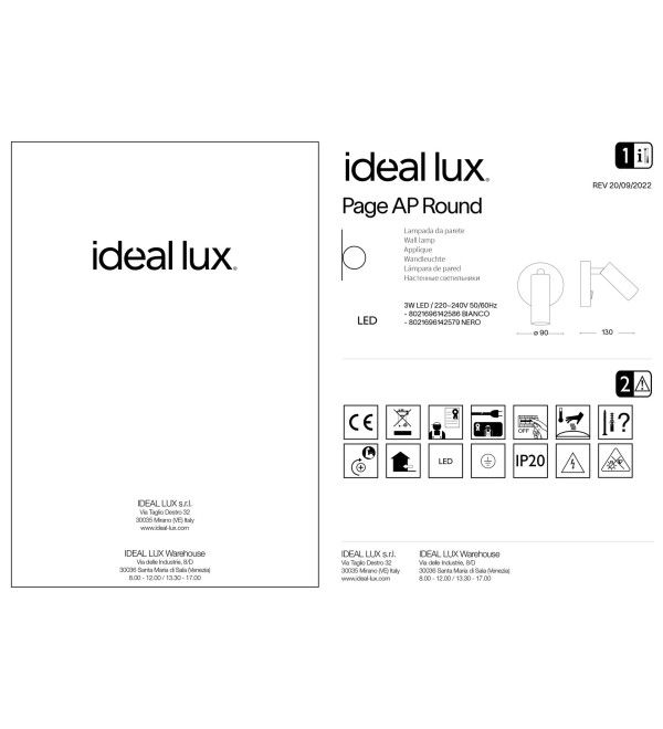 Светильник настенный Ideal Lux Page AP Round Белый 3000К LED 142586